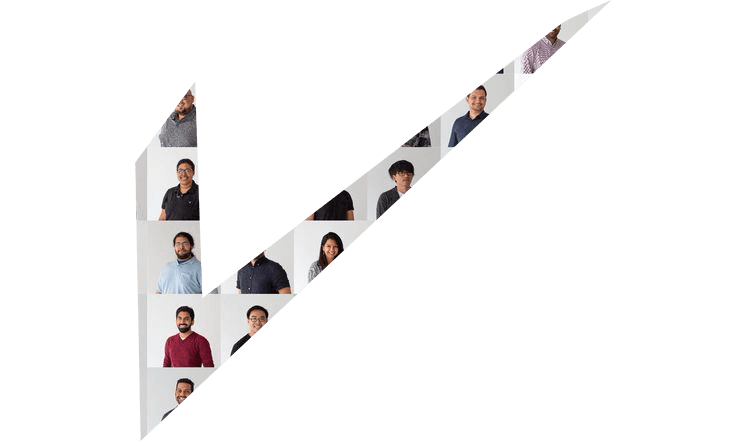 Portraits of Multivista colleagues arranged in the Multivista checkmark